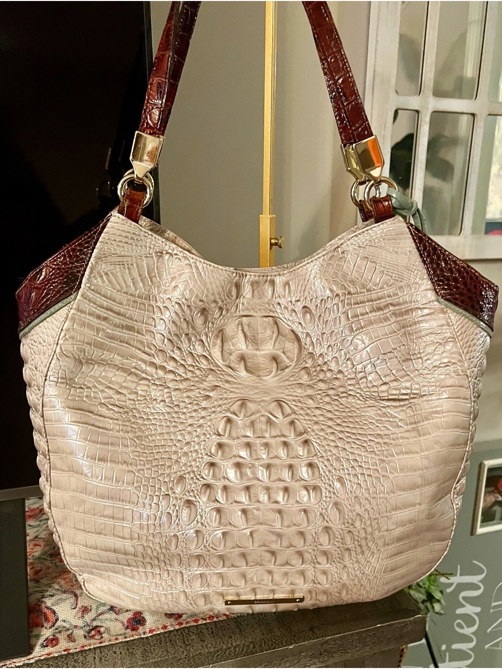 Brahmin Cream Croc-Embossed Shoulder Bag with Dark Brown Trim